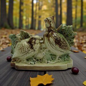 McCoy Vtg Ceramic Bird Planter Figurine Green Beige Brown Decorative MCM Crazing